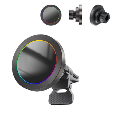 Cargador de automóviles de Iphone de diámetro ultra pequeño Cargador inalámbrico magnético de automóviles montaje de aleación de aluminio textura Efecto de luz RGB