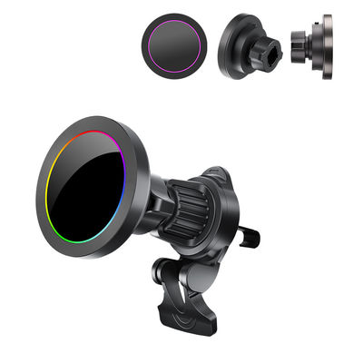 Efecto de luz RGB ajustable Cargador inalámbrico de 15w para soporte de teléfono para automóviles con textura de aleación de aluminio
