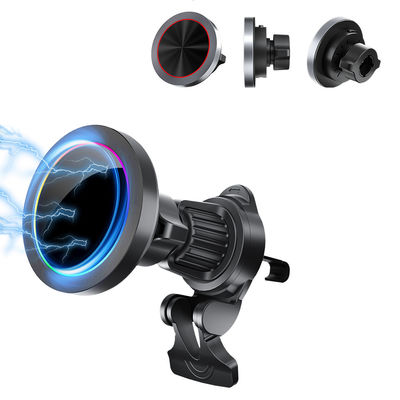 Cargador inalámbrico de 15w con textura de aleación de aluminio para soporte de teléfono de coche con función de luz oculta apagada