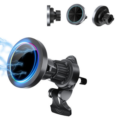 Soporte inalámbrico para teléfono de coche con carga rápida y efecto de luz RGB para soporte de cargador de iPhone con textura de aleación de aluminio